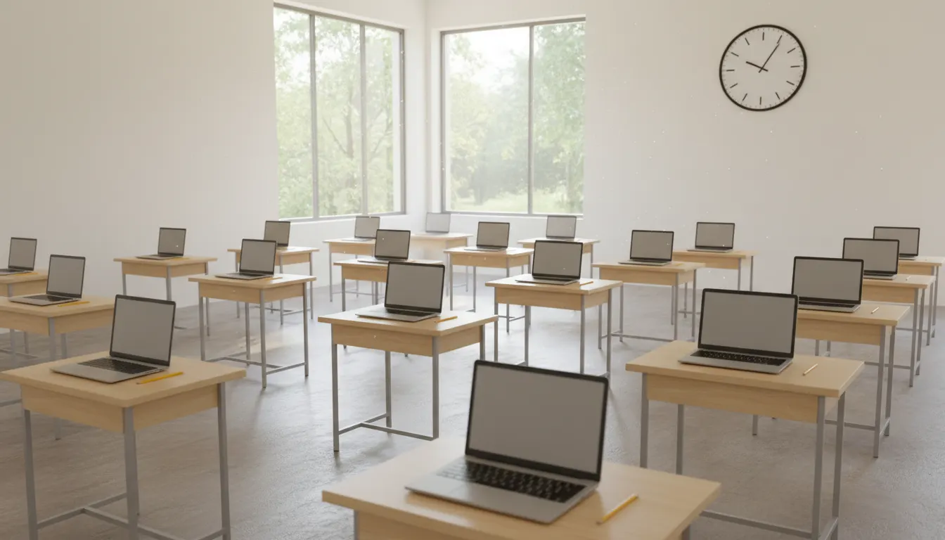 Exam hall with laptops set out on spaced desks